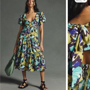 Anthropologie Puff- Sleeve Dress in Chartreuse